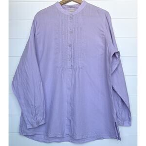 LL Bean Purple Linen Tunic Top Collarless Button Front Pintuck Pleats XL